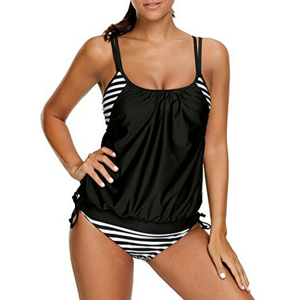 Bdcoco Womens Two Piece Striped Double Up Tankini Sets Criss Cross Lined Up Swimwear 